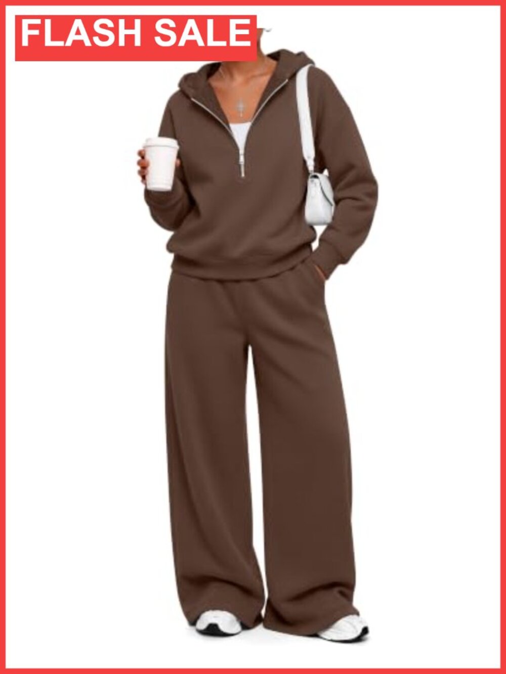 2 Piece Sweatsuit Set Quarter Zip Hoodie Wide Leg Pants Fleece Lined Loungewear